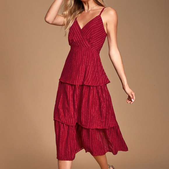 Lulus Dresses & Skirts - Lulu’s Blaine Wine Red Striped Tiered Midi Dress